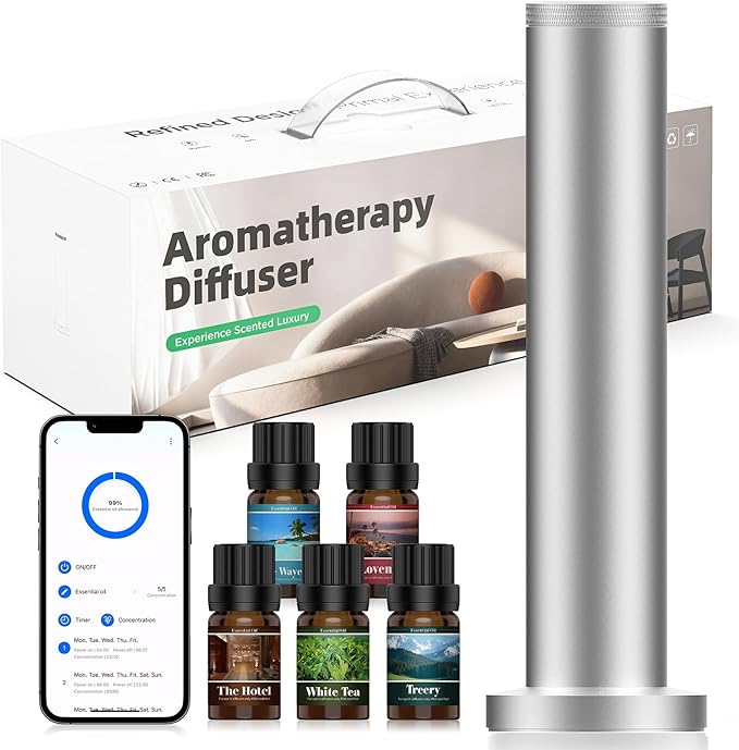 Wireless Hotel Scent Diffuser Starter Kit- Cordless Rechargeable Diffuser for Whole House -Hotel Scents Collection - App Control Waterless Essential Oil Diffuser for Large Room, Studio, Office(Silver)