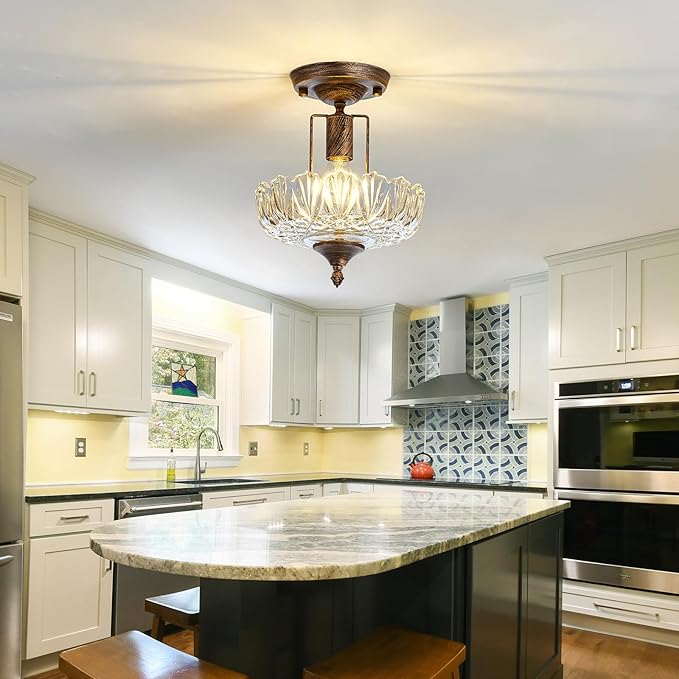 UOFUS Glass Ceiling Light Fixture Vintage Small Semi Flush Mount Chandelier Oil Rubbed Bronze Mini E26 Ceiling Lamp for Hallway Bedroom Bathroom Closet