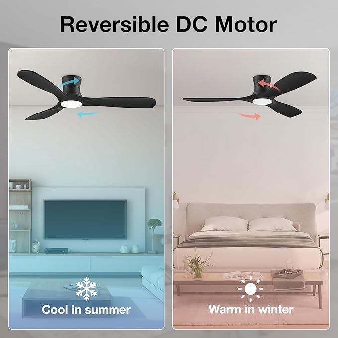 52” Smart Wood Low Profile Ceiling Fan with Lights Remote,Quiet DC Motor,Outdoor Indoor Flush Mount Ceiling Fans Controlled by WIFI Alexa App,Modern Black for Bedroom Living Room Patio Porch