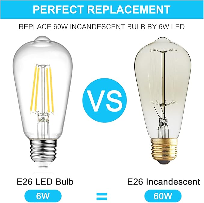 Ascher LED Edison Bulbs 6W, Equivalent 60W, High Brightness Cool White 4000K, 700 Lumens, ST58 Vintage LED Filament Bulbs with 80+ CRI, E26 Base, Non-Dimmable, Clear Glass, 4 Packs