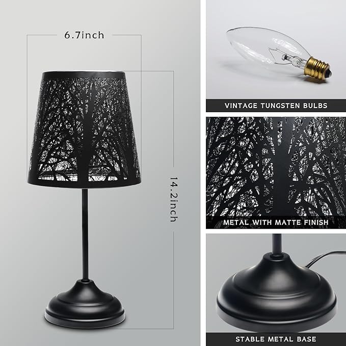 3 Level Dimmable Touch Table Lamps Set of 2, Black Metal Tree Pattern Shadow Lamp, Small Bedside Night Light for Kids, Vintage Accent Decor Lamp Halloween Indoor Mood Lighting Bedroom Living Room