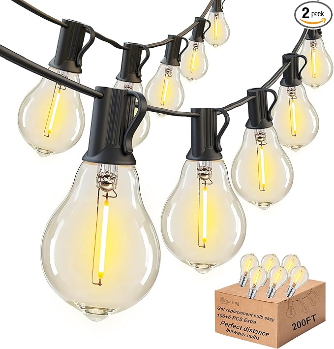 DAMAING 200FT LED Outdoor String Lights with 100+5 Shatterproof Edison LED Bulbs A39, Waterproof Commercial Grade Patio String Lights for Outside Porch Backyard Garden Deck Decor, 2200K Dimmable