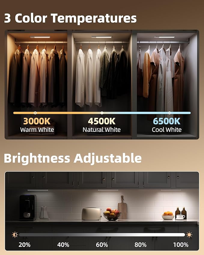 EZVALO 1-Pack Under Cabinet Lights, 3200mAh Rechargeable Motion Sensor Light Indoor, Wireless Closet Lights Battery Operated, with 3 Color Temps, Dimmable, Magnetic, for Kitchen, Stair, Pantry(12inch)