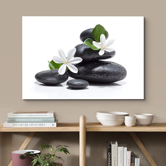 wall26 Canvas Print Wall Art White Daisy Flower Black Ocean Beach Zen Pebbles Nature Wilderness Photography Realism Rustic Landscape Colorful Multicolor for Living Room, Bedroom, Office - 16"x24"