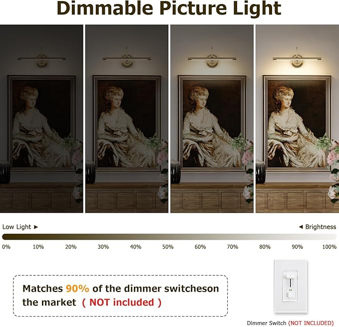 JOOSENLUX 16.5" Brass Picture Light Hardwired, Adjustable LED Art Display Lighting Fixture, 3000K Warm Dimmable Wall Sconce for Painting Portrait Gallery, Vintage Gold Metal Indoor Bedroom