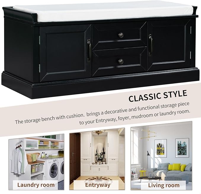 GDFStudio Rustic Storage Bench with 4 Doors 2 Draws Adjustable Shelves Removable Cushion Rectangular Cabinet Foot Rest Stool Solid Wood Shoe Bench Seating for Entryway Living Room, Black