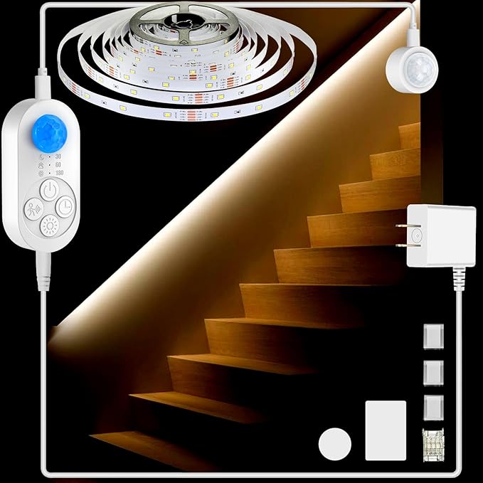 Dual Sensor Stair Lights Indoor, Motion Activated Plug-in Step Light Strip Indoor with Dimmer, Delay Timer for Stairway (Warm White 3000K (16.4FT Light Strip), Power Adapter (3.28FT Cable))