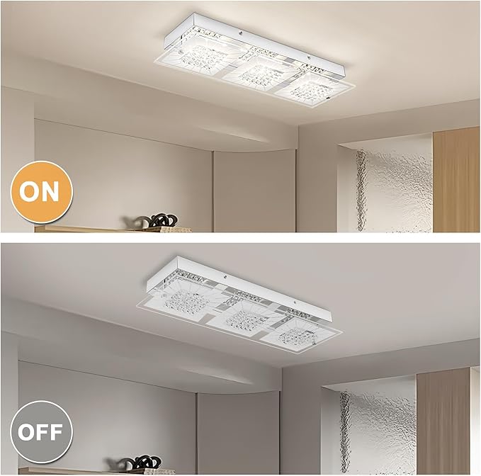 Crystal Ceiling Light Flush Mount Rectangle Ceiling Light Fxiture Modern Hallway Light LED Dimmable 4000K for Kitchen, Bathroom, Bedroom, 18W