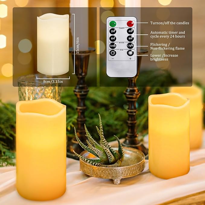 Wax Shell Flameless Candles : Set of 1 H4”D3.15” Remote Control LED Electric Candle Ivory Real Wax Pillar Flickering Candles with Timer Home Halloween Christmas Gift Deco