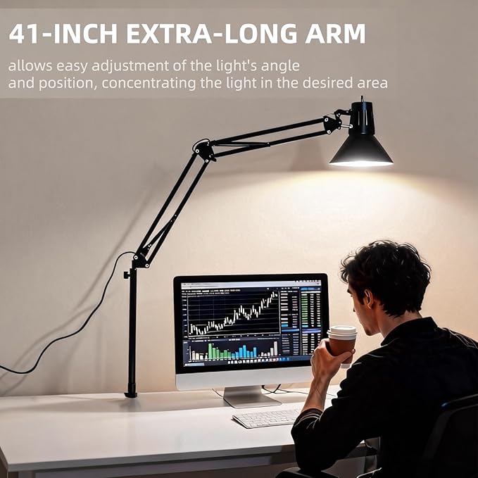 2 Pack LED Desk Lamp With Clamp for Office Home, Eye-Caring Desk Light with 360°Adjustable Extra Tall Metal Swing Arm, High Intensity Clamp w/A19 E26 Bulb for Working Reading, Table Lamps Warm Light
