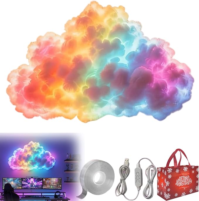 DIY USB-Powered Thundercloud LED Light Decor, 3D Cloud Ambient Light Kit, LED Cloud Lamp with Music Rhythm & Multicolor Color-Changing USB LED Strip, Cool Things for Your Room (LED200cm)