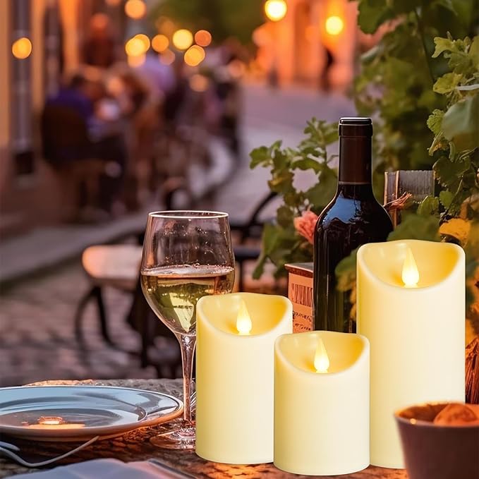 LEOSAN Led Flameless Candles Outdoor Indoor Battery Operated Flickering Candles with Remote Timers Won't Melt Ivory Plastic Dia 3" x H 4" 5" 6" for Halloween, Party, Valentine's Day, Wedding 3 pcs