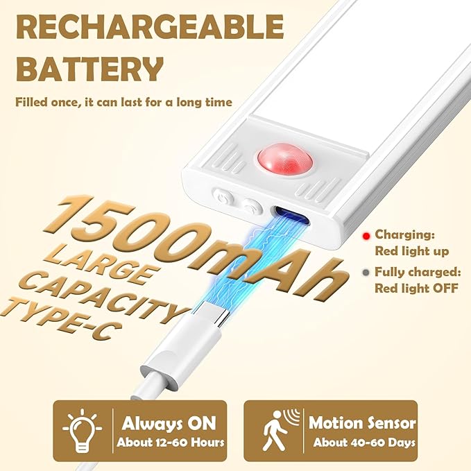 16 inch Under Cabinet Lighting, 80 LED Motion Sensor Closet Light, 1500mAh Rechargeable Battery Dimmable 3 Color Temperature Magnetic Wireless for Kitchen, Shelf, Stairs, Wardrobe, 6 Pack