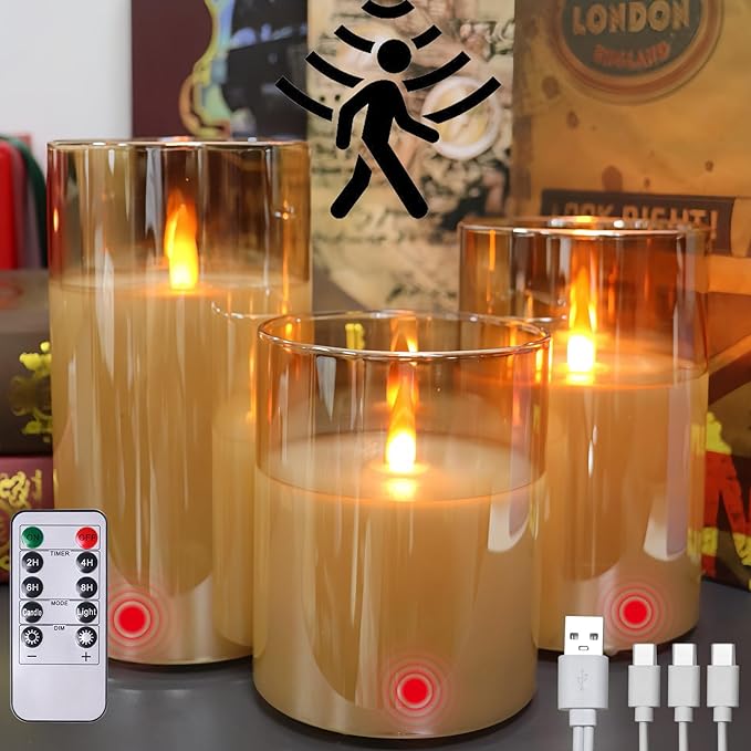 Flameless Candle Night Light, Motion Sensor Auto Switch On/Off, Rechargeable LED Glass Night Light with Remote and Timer, Ideal Kids Adults Nightlight for Home Living Room Decor, Ideal Gift for Women