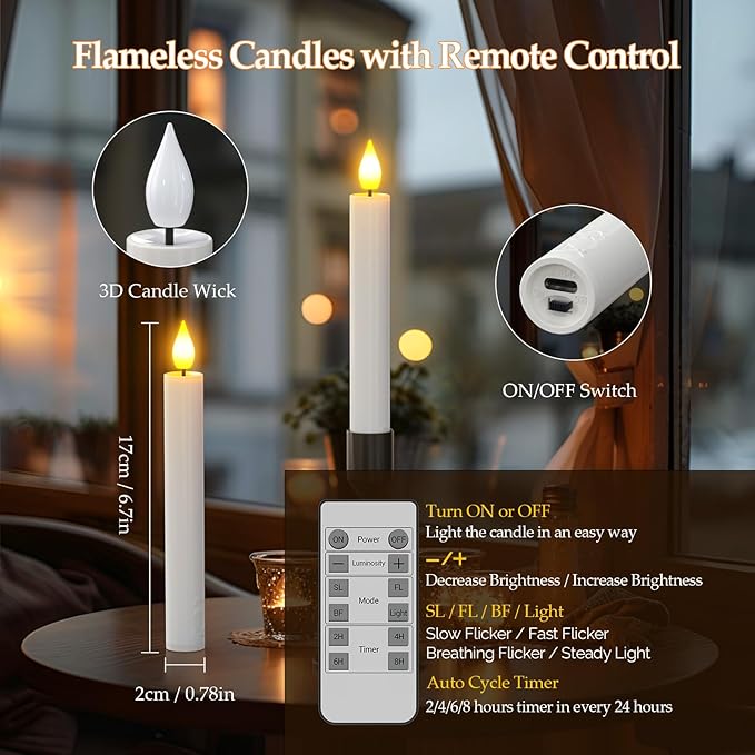 PChero 10 Pcs Rechargeable Flameless Taper Candles with Charging Station, 6.7" LED Candles with Remote & Timer, Battery Operated Flickering Tapered Candlesticks for Window Wedding Christmas Home Decor