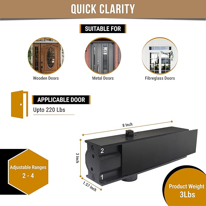 Commercial Door Closer Heavy Duty - Door Automatic Closer Adjustable Spring Size 2-4 - Automatic Door Closers for Home and Commercial Entrances - Non Handed - Fit Doors up to 220 LBS, Aluminum, Black