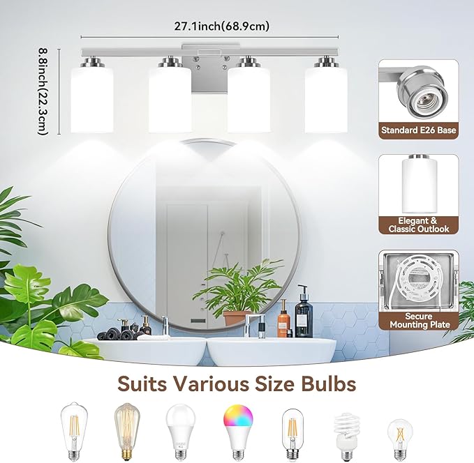 Brushed Nickel 4-Light Bathroom Light Fixtures, 27" Modern Vanity Lights Over Mirror with Milky White Frosted Glass Shade, Classic Wall Light Fixture for Mirror Living Room Cabinet Bedroom Porch