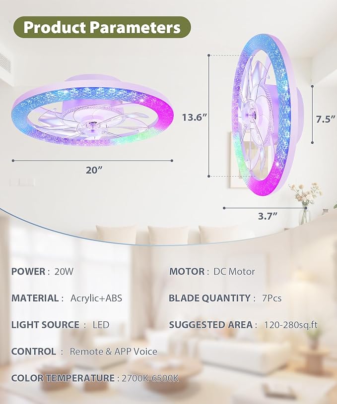20” Low Profile Ceiling Fan with Light - 2-in-1 Bladeless Safety Design for Kids, RGB+CCT Dimmable, Smart APP/Remote Control, Quiet Flush Mount DC Motor, Ideal for Bedroom/Living Room/Kitchen
