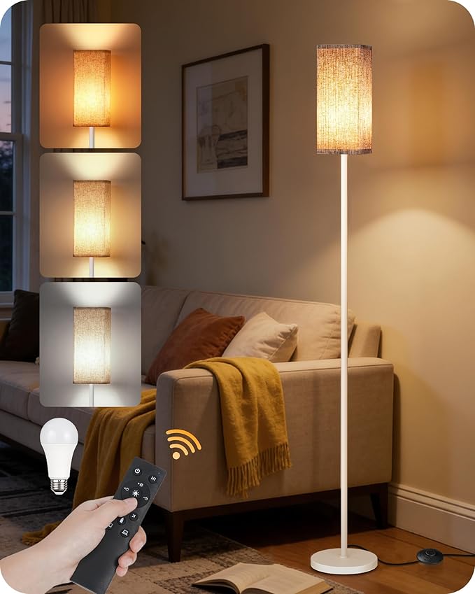 64.2'' Dimmable Floor Lamp for Living Room with Remote and Foot Switch, Corner Floor Lamp for Bedroom, Includes 10W A19 Bulb, Modern Standing Tall Lamp, ETL Listed White and Beige WE17LD05