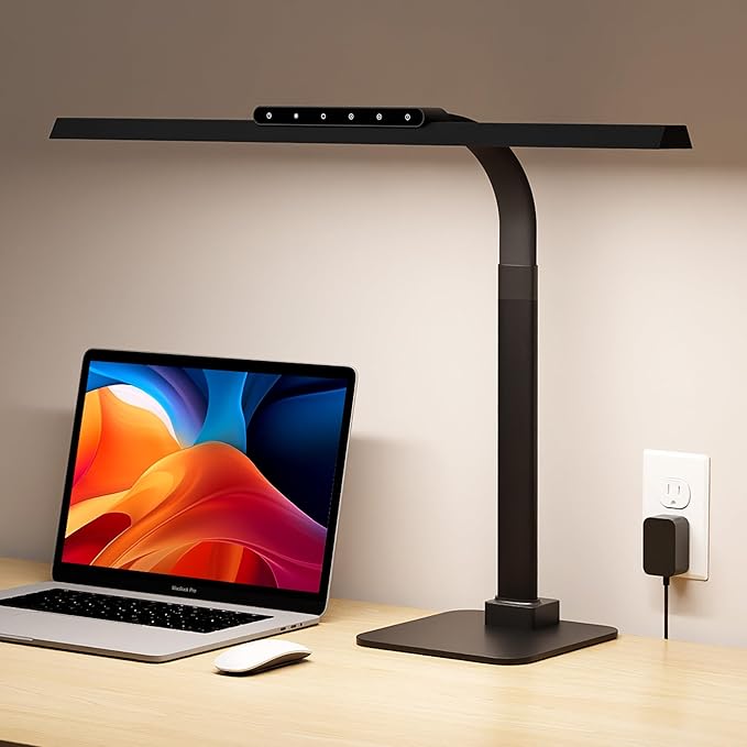 24W LED Desk Lamp, 112 High-Bright LEDs Eye-Caring Office Lamp with 3000K-6000K Dimmable Touch Control, Heavy Duty Metal Base, Auto-Dimming & Memory Function for Home Office/Gaming/Reading Black