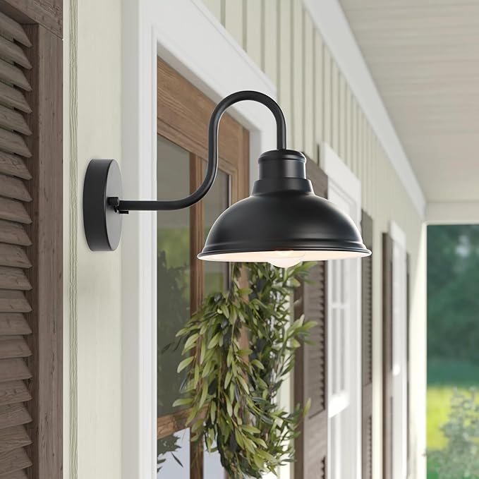 Outdoor Gooseneck Barn Light Fixture, 8 Inch Farmhouse Exterior Vintage Wall Mount Lighting, Anti-Rust Waterproof Industrial Matte Black Outside Wall Sconces for House Porch Patio Garage Yard