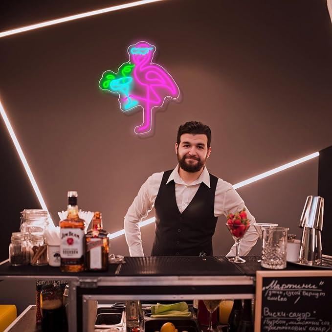 Drink LED Neon Sign Flamingos Cocktail Dimmable Sign for Wall Decor Light Up Sign USB Adjustable Brightness Animal Neon Light for Living Room Bars Pub Club Gatherings Art Wall Decor