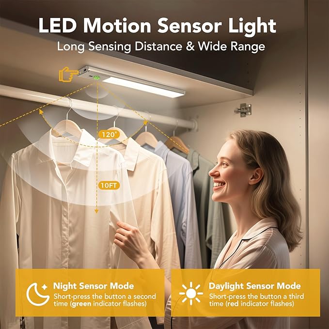 Under Cabinet Lighting with Hand Wave, 56 LED Motion Sensor Light, Rechargeable Closet Lights with 3 Color Temps, 9 Inch Dimming Magnetic Strip Night Lights for Kitchen, Wardrobe, Stairs (2 Pack)