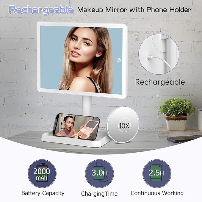 FUNTOUCH Large Makeup Vanity Mirror with Lights, Rechargeable Lighted Desk Makeup Mirror with 96 LED Lights and 10x Magnifying Mirror, 3 Color Lighting, Light up Make up Mirror with Phone Holder
