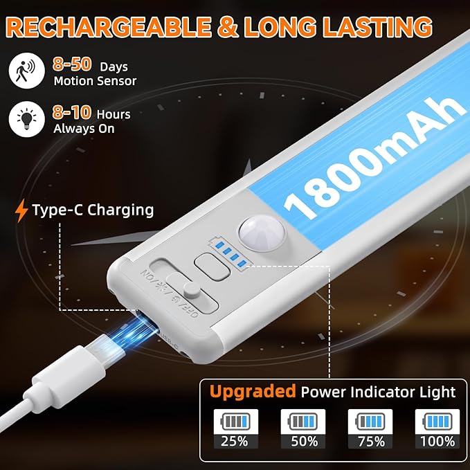 Under Cabinet Lighting Wireless, Rechargeable Motion Sensor Light Indoor, 3 Color Dimmable Closet Light Battery Operated with LED Power Display, Magnetic Under Counter Lights for Kitchen, Home (6Pack)