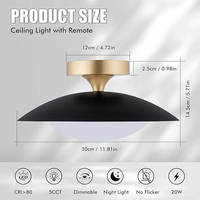 FTL Modern LED Flush Mount Ceiling Light with Remote Dimmable 5CCT 2700K-6500K Mid Century Black Semi Flush Mount Ceiling Lights 11.8in Close to Ceiling Light Fixture for Kitchen Hallway Laundry Room