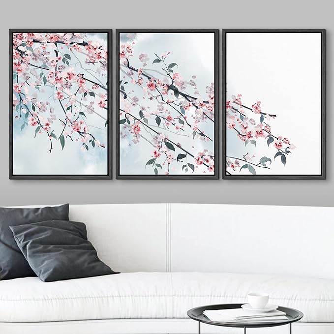 wall26 - 3 Panel Framed Canvas Wall Art - Ink Painting Style Pink Cherry Blossom on The Branch - Giclee Print Gallery Wrap Modern Home Art Ready to Hang - 24"x36"x3 Black