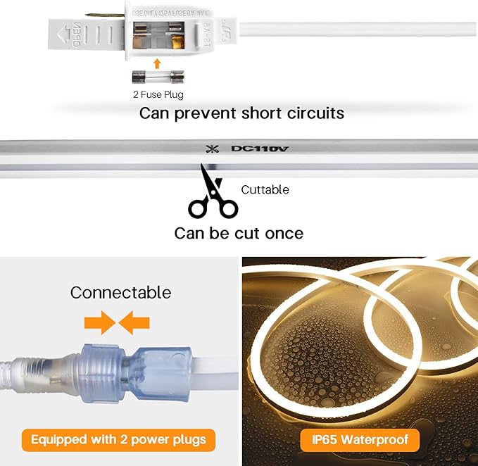SURNIE 50ft/15m LED Neon Rope Lights - Commercial Neon Strip Light Outdoor Waterproof - 110V Flex Warm White Neon Lights Connectable DIY Strips Lighting for Indoor Outdoor Decor