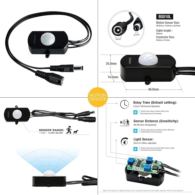 Sensky Motion Sensor LED Under Cabinet Lighting Kit Extendable Under Counter LED Light with Motion Sensor, Power Adapter for Gun Safe Light, Shelf, TV Wall Lighting (8.2FT,3000-3500K)