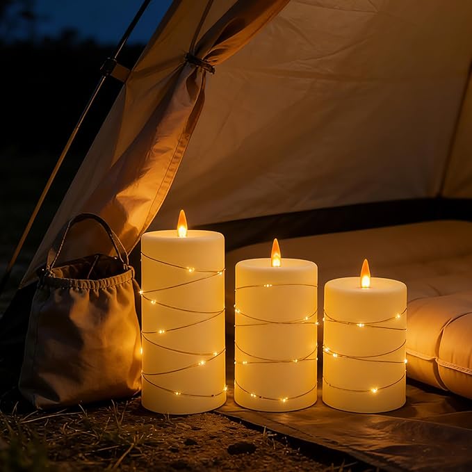 Flickering flameless Candles, Battery-Powered, with String Lights, Remote Control, Timer, Realistic Plastic Pillar Candles, Ivory White, Set of 3, Durable.