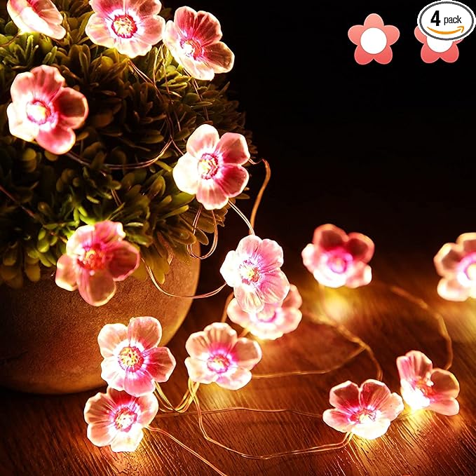 Mudder 4 Pack Cherry Blossom Flower String Lights 13 FT 40 LEDs for Bedroom, Pink Fairy Lights USB and Battery Operated Decorative String Light Indoor Outdoor