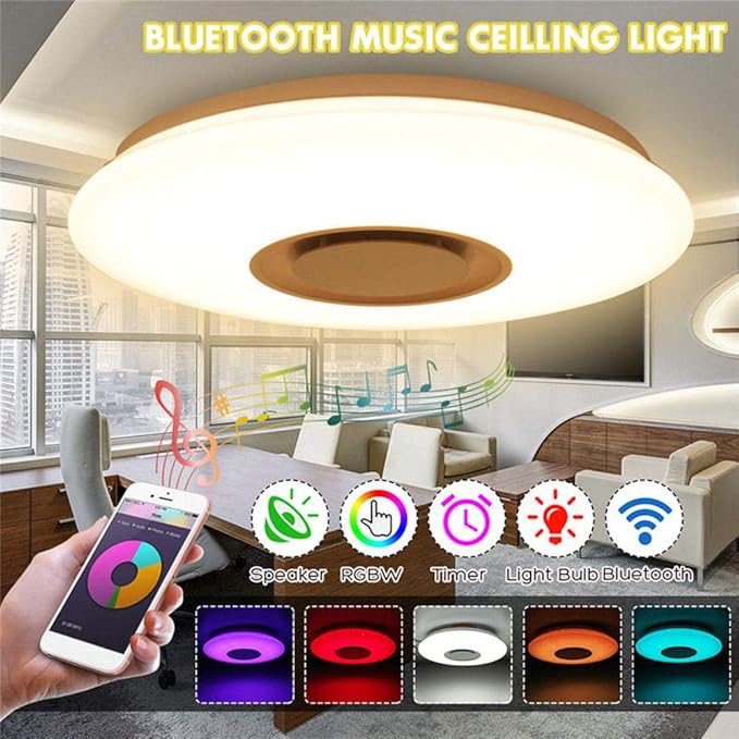 Upgrade WiFi Music Ceiling Light with Bluetooth Speaker and Remote Control, 15 inch Dimmable Ceiling lamp Compatible with Alexa and Google Home 36W RGB Family Party Lights for Bedroom Living Room