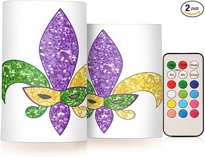 YETTASBIN Mardi Gras Flameless Candles with Remote Control and Timer, Adjustable Brightness Long Lasting Battery Operated LED Pillar Candles for Indoor Outdoor Party Home Decor, 2 Pack
