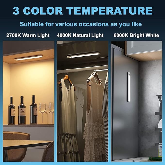 15" LED Cabinet Light with Motion & Light Sensor, Pack of 2 Rechargeable Under Cabinet Lighting, 3 Color Modes 3000K/4500K/6000K, 80 LEDs, 180LM, USB, 2200mAh Battery, Wireless Closet Light