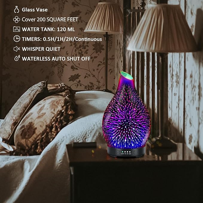 Essential Oil Diffuser 120ML -3D Firework Glass Aromatherapy Diffusers for Essential Oils with 4 Timer Setting Auto Shut-Off Silent Operation 7 Colors Lights Changing for Room, Office, Yoga