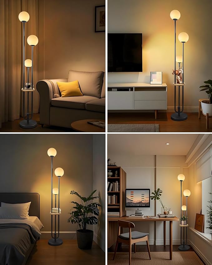 Lightdot LED Floor Lamp Dimmable Globe Floor Lamps with Shelf Mid Century Modern Black Standing Lamp Candle Holder Style Soft Eye-Caring for Bedroom Living Room/Bedroom/Sofa Beside/Corner Decor