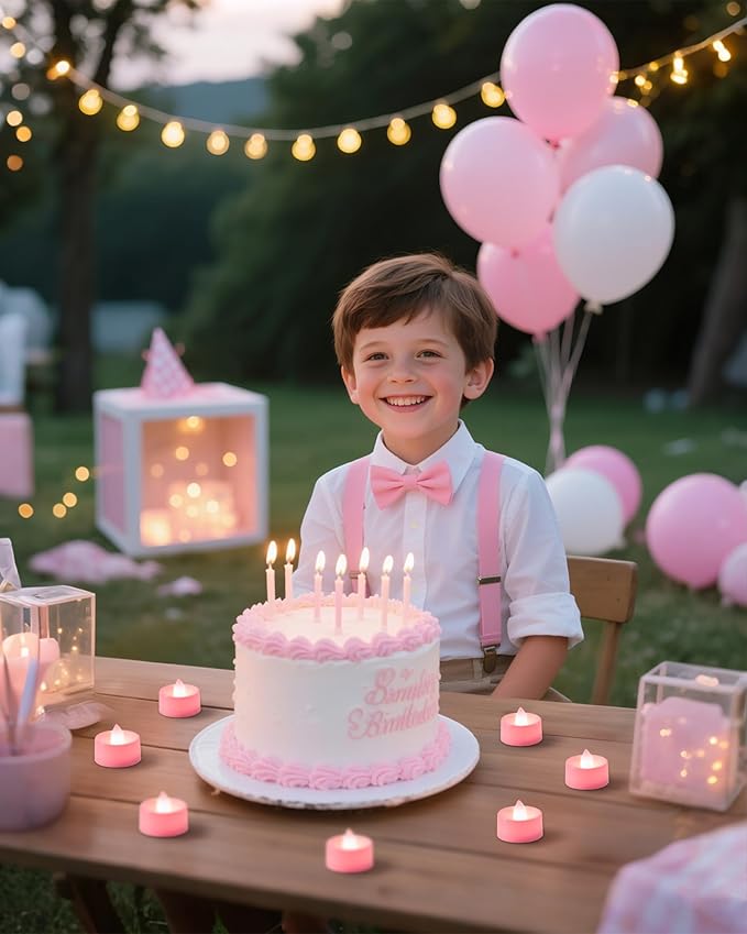 Amagic 30 Pcs Pink Flickering Flameless Tea Lights Battery Operated, 200+ Hours Long Lasting Colored Candle for Wedding, Table Centerpiece, Theme Party, Aniversary, Proposal, Christmas, Pink Base