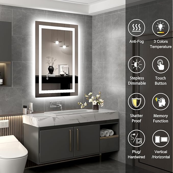 LED Mirror for Bathroom 24x36 Lighted Bathroom Vanity Mirrors with Lights, Brighter Frontlit and Backlit Anti-Fog Mirror, Tempered Glass, Dimmable 3 Colors Light Modes, Memory Function
