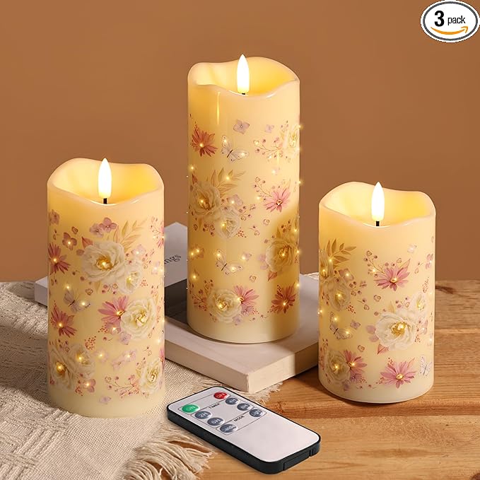 Eywamage Fiber Optic Flameless Pillar Candles with Remote, Floral Butterfly Spring LED Candles Flickering Easter Home Decor Set of 3