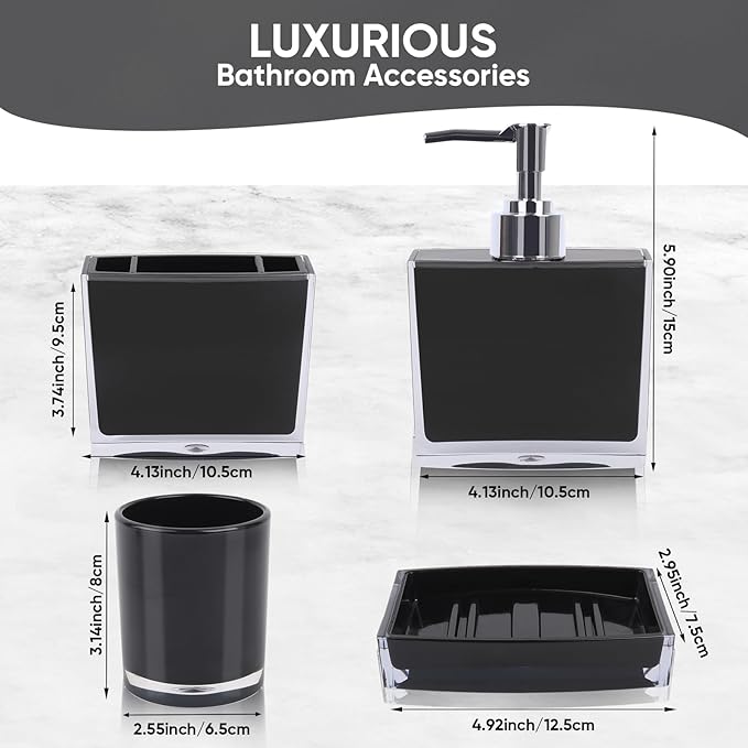 4-Piece Sleek Black Acrylic Bathroom Accessories Set — Soap Dispenser, Toothbrush Holder, Soap Dish & Mouthwash Cup, Vanity Countertop Organizer for Modern Black Bathroom Decor
