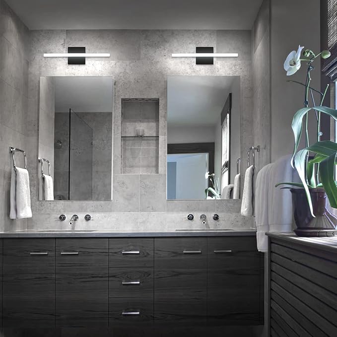 Combuh LED Bathroom Vanity Light Bar Dimmable IP44 Over Mirror Lighting Fixture 16Inch Wall Sconces Indoor 9W Modern Cool White 6000K Black