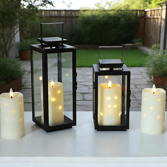 Lezonic Flameless Waterproof Outdoor Candles with Flickering Dancing Flame, 4Pcs Battery Operated Candles with Remote, Ivory LED Pillar Built-in String Lights for Patio Wedding Decor, 3.25" x 6"