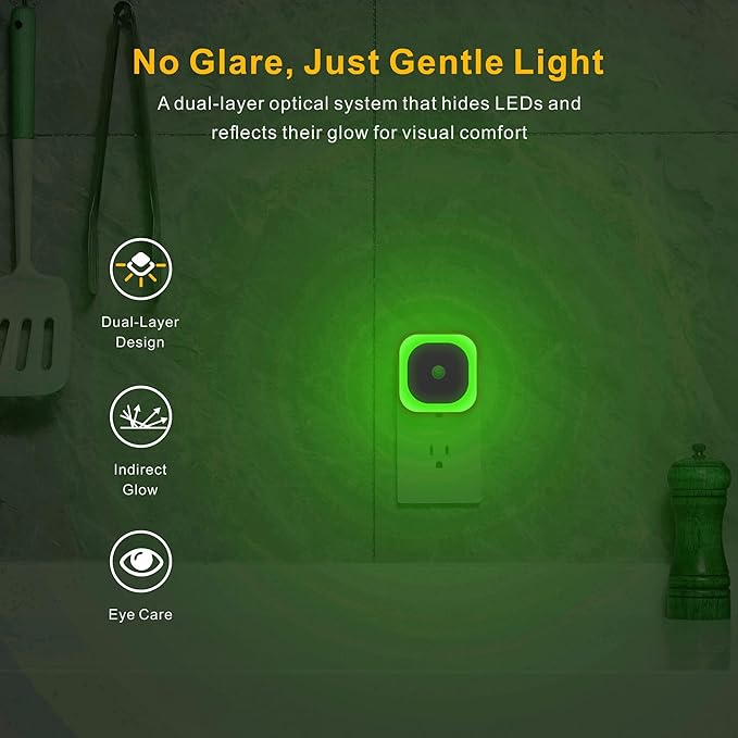 2 Pack Plug in Night Light with Motion Sensor & Dusk to Dawn Sensor, 3 Sensor Modes, Auto ON/Off, Owl Mode for Steady Low Light, Dimmable, Calming Green LED for Home Office, Hallway, Bathroom