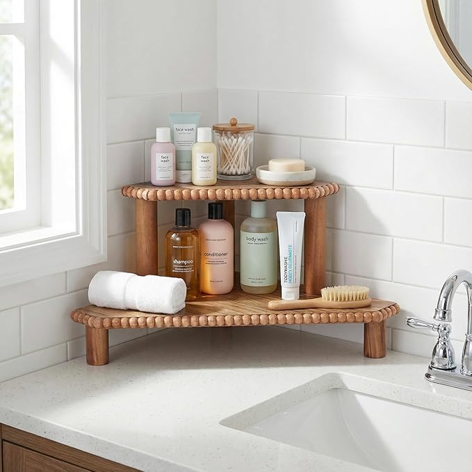 2-Tier Rustic Corner Shelf for Kitchen Counter,Wood Beaded Farmhouse Countertop Organizer with Removable Feet, Stackable Bathroom Vanity & Coffee Bar Decorative Riser Stand(Rustic Brown)