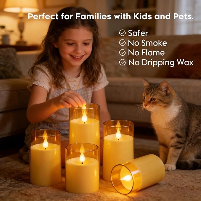 Fo32won Amber LED Flameless Pillar Candles Battery Operated with Remote Timer, 5 Pack 3D Flickering Acrylic Candles for Home Living Room Bedroom Fireplace Wedding Party Holiday Decor & Gift