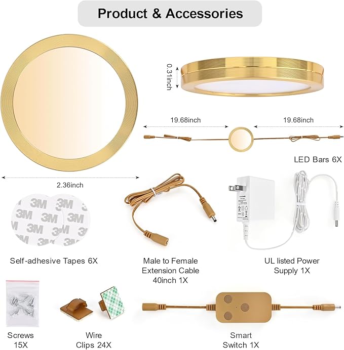 6pack LED Puck Light Kit, 2700-6000K Smart Round Under Cabinet Lighting with APP Control, Compatible with Alexa, Google Assistant, for Under Counter, Kitchen (Gold)